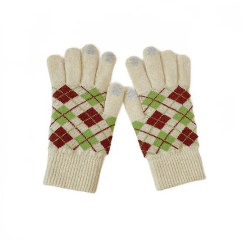Argyle Style Acrylic Gloves In Beige